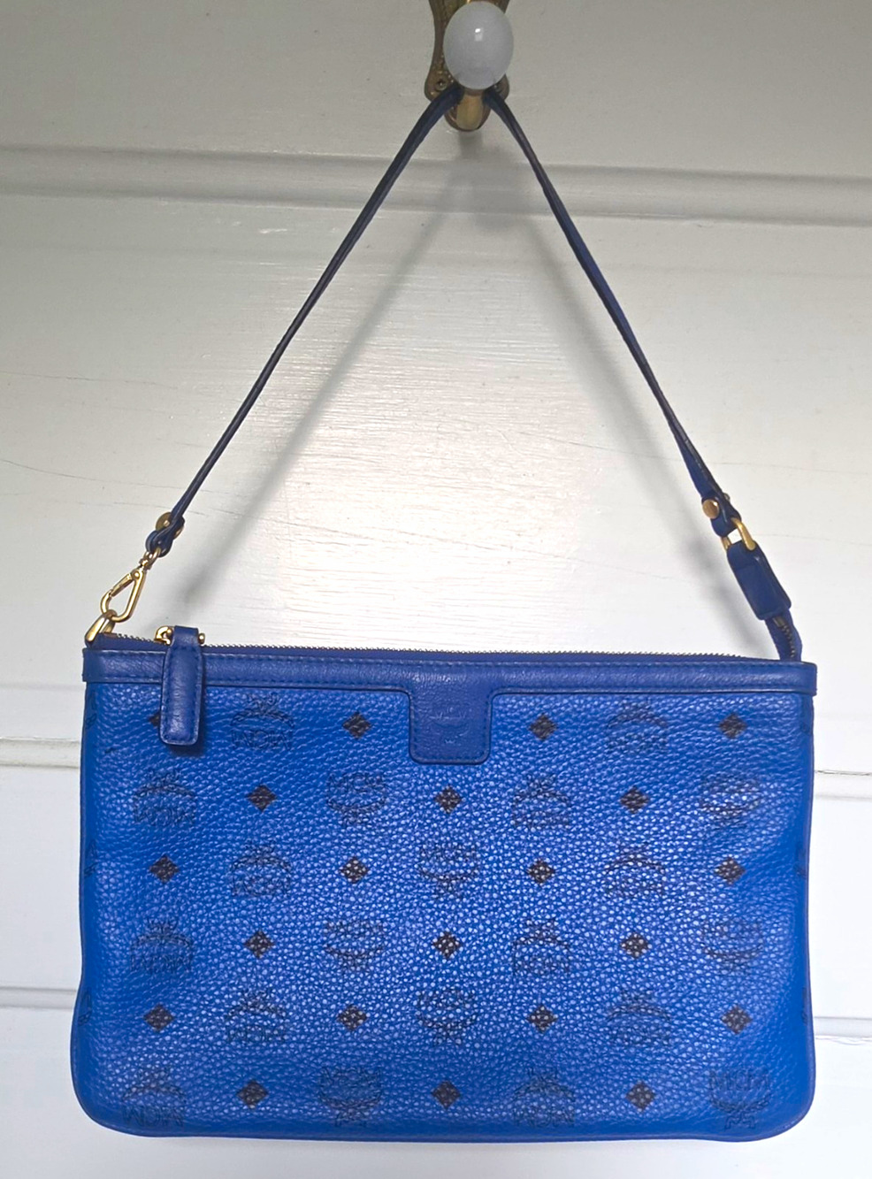 MCM Blue Visteos Leather Shoulder Wristlet Clutch Detachable Strap Gold HW